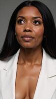 Empowering portrait showcases confident AfricanAmerican woman looking skyward photo