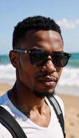 Young African American traveler with sunglasses stands by the seashore car photo