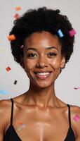 A photorealistic portrait showcases an African American woman adorned with colorful confetti hair photo