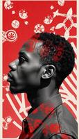 Black History Month tribute Artistic African male portrait blended with abstract red graphics on a horizontal background in blackandwhite style photo