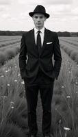 A retrostyled gentleman in suit and hat stands in a sprawling field photo