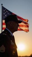 An old veteran silhouetted against the setting sun depicted on the U photo