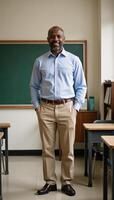 Portrait depicting an AfricanAmerican middleaged male teacher in his classroom setting photo