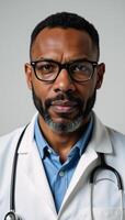 Photorealistic portrait featuring an African American male doctor in glasses photo