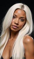A beautiful AfricanAmerican model donning long white locks photo