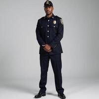 Portrait of an African American police officer in uniform against a blurry backdrop photo