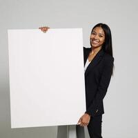 Mockup featuring a large square blank canvas being held by an African American woman photo