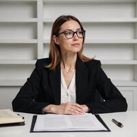 Professional portrait of an AfricanAmerican woman lawyer seated in a law library setting photo