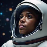 African American female astronauts fascinated gaze into space amidst cosmic backdrop Astronaut Portrait Space Exploration Galaxy photo