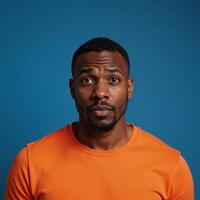 Expressive portrait of confused African American man in orange against blue backdrop photo