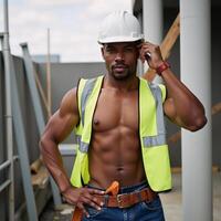 Image of confident AfricanAmerican construction worker on job site photo