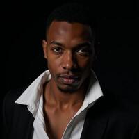 Portrait of a darkskinned African American man against a black backdrop photo