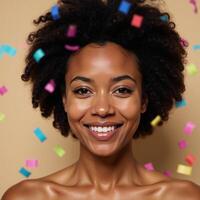 A photorealistic portrait showcases an African American woman adorned with colorful confetti hair photo
