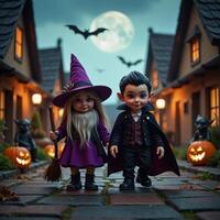 Gnomegirl witch and boy vampire navigate through a spooky Halloween village surrounded by glowing homes and observing mystical creatures photo