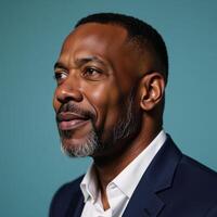 Portrait of a wise confident introspective African American man on calming blue backdrop photo