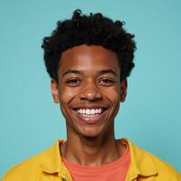 Closeup cartoon portrait of an happy and funny Generation Z Black teenage boy with cool curls smiling against a soft pastel background in animation style photo