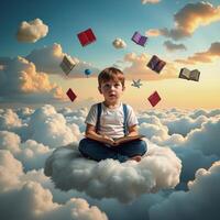 Conceptual art featuring a dreamy scene of a bookthemed surreal landscape symbolizing childrens education and imagination photo