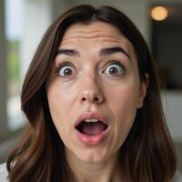 Woman expressing amazement with wideeyed wonder photo