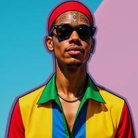 AfricanAmerican character with vibrant rainbow contouring flat design style front view Pride Festival theme cartoon photo