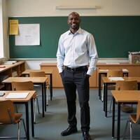 Portrait depicting an AfricanAmerican middleaged male teacher in his classroom setting photo