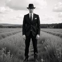 A retrostyled gentleman in suit and hat stands in a sprawling field photo