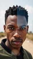 A powerful doubleexposure portrait captures a young African American man isolated amidst a desolate urban landscape photo