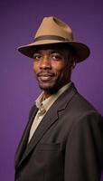 African American man depicted in vintage attire hat suit against a purplish backdrop resembling 1930s40s era workingclass portrait photo