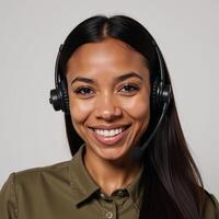 An AfricanAmerican woman wearing a headset smiles against an empty backdrop photo