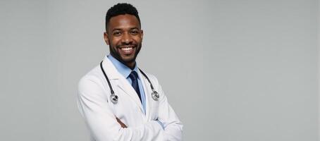A smiling doctor in white coat with stethoscope AfricanAmerican male photo
