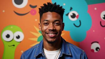 Digital painting featuring a colorful background with a handsome AfricanAmerican young boy as the subject in a generic cartoon movie style photo