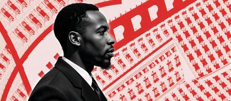 Black History Month tribute Artistic African male portrait blended with abstract red graphics on a horizontal background in blackandwhite style photo
