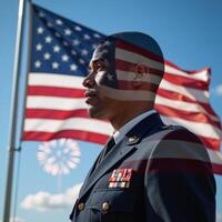 An AfricanAmerican veteran salutes before an American flag in a memorial setting evoking patriotism on Independence Day photo