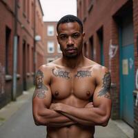 A confident tattooed streetwearclad black man stands proudly in a gritty urban setting radiating strength pride and unabashed uniqueness photo