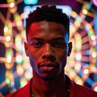 Portrait features a young African American man with geometric facial structure against a backdrop of vibrant neon colors photo