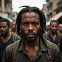 African American man with dreadlocks and sad expression amidst postapocalyptic crowd photo