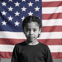 An image featuring an AfricanAmerican girl facing an American flag symbolizing diversity during elections photo