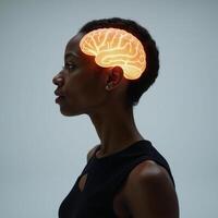 Sideview photorealistic portrait of African American woman with illuminated brain against a clean white backdrop for design purposes photo