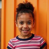 AfricanAmerican girl depicted against vibrant orange verticalstriped backdrop illustrated using warm color palette and graphical elements photo