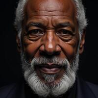 Intense closeup portrait of a wise confident black elder with a gray beard against a dark backdrop photo