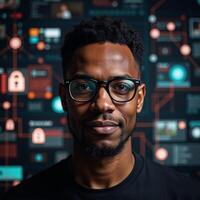 AIcentered cybersecurity challenge featuring a Black African American IT specialist addressing the issue photo