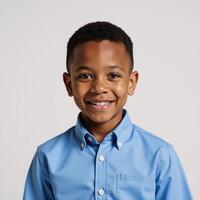 Portrait of a young AfricanAmerican boy smiling gently in a blue shirt against a pure white backdrop photo
