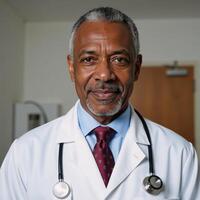 Confident African American doctor in a white coat and stethoscope portrayed as a portrait subject photo