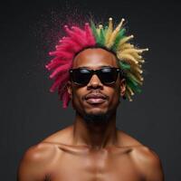 Creative portrait showcasing an African American man in sunglasses and vibrant hair exploding with colors symbolizing imagination photo