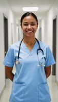Smiling African American Nurse Portrayed Standing in Hospital Corridor Portrait Style photo