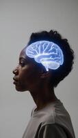 Sideview photorealistic portrait of African American woman with illuminated brain against a clean white backdrop for design purposes photo