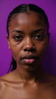 Collection of abstract concepts depicting an African American young woman experiencing feelings of inferiority emptiness despondency apathy and desperation in purple tones photo
