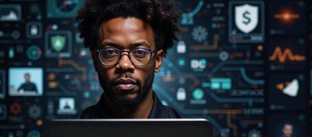 AIcentered cybersecurity challenge featuring a Black African American IT specialist addressing the issue photo