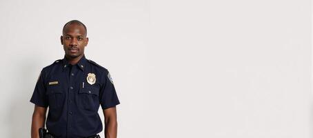 AfricanAmerican Policeman Isolated Against White Background Copy Space Available photo