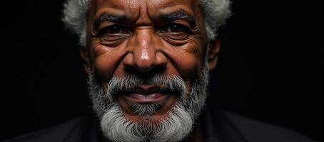 Intense closeup portrait of a wise confident black elder with a gray beard against a dark backdrop photo