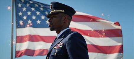 An AfricanAmerican veteran salutes before an American flag in a memorial setting evoking patriotism on Independence Day photo